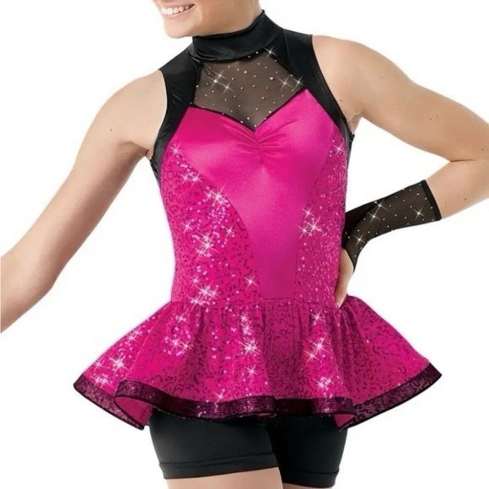 Weissman Dance Custom Black, bright pink sequined fabric‎ with a ruffled Size SA